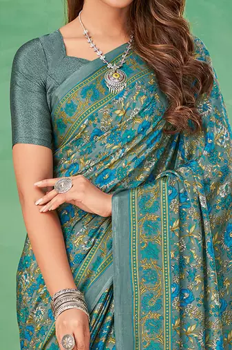 Grey printed saree with blouse grey piece
