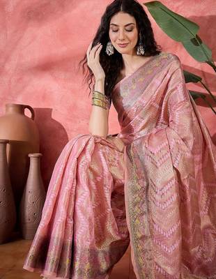 Pink ethnic motifs woven design zari detail saree with unstitched blouse 1
