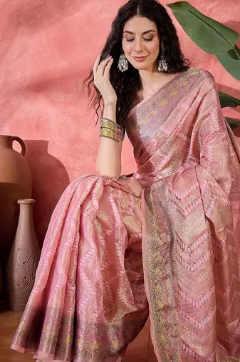 Pink ethnic motifs woven design zari detail saree with unstitched blouse