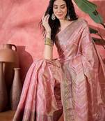 Pink ethnic motifs woven design zari detail saree with unstitched blouse