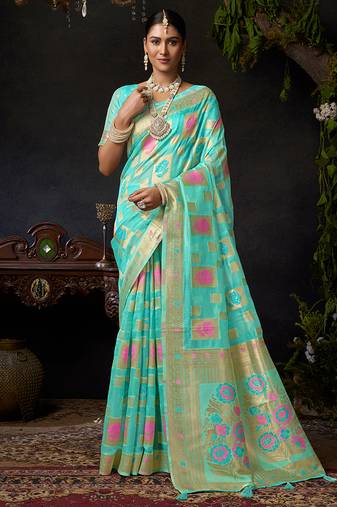 Sky blue organza khadi saree with elegant jhallar festive wear saree