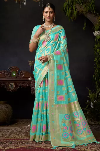 Sky blue organza khadi saree with elegant jhallar festive wear saree