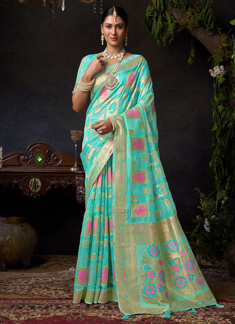 Sky blue organza khadi saree with elegant jhallar festive wear saree
