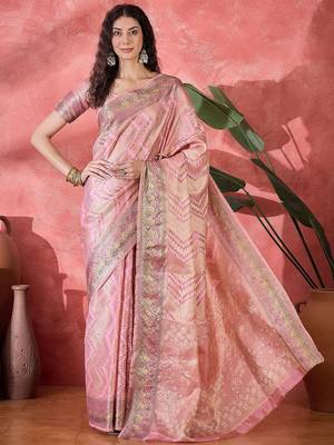 Pink ethnic motifs woven design zari detail saree with unstitched blouse 2