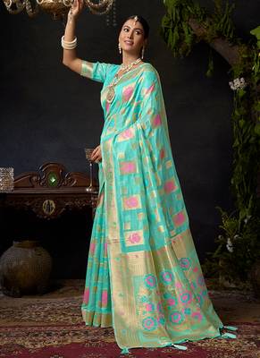 Sky blue organza khadi saree with elegant jhallar festive wear saree 2