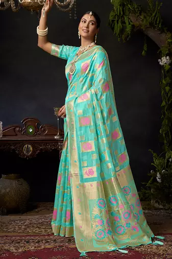 Sky blue organza khadi saree with elegant jhallar festive wear saree