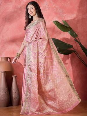Pink ethnic motifs woven design zari detail saree with unstitched blouse 3