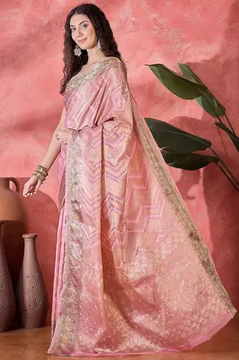 Pink ethnic motifs woven design zari detail saree with unstitched blouse