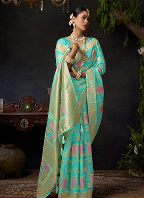 Sky blue organza khadi saree with elegant jhallar festive wear saree 3