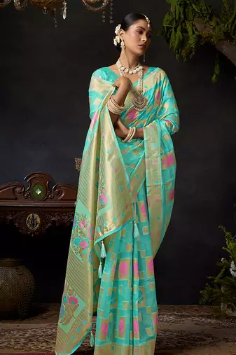 Sky blue organza khadi saree with elegant jhallar festive wear saree