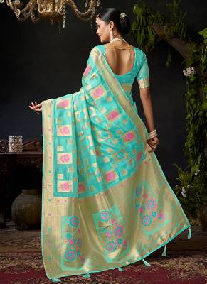 Sky blue organza khadi saree with elegant jhallar festive wear saree 4