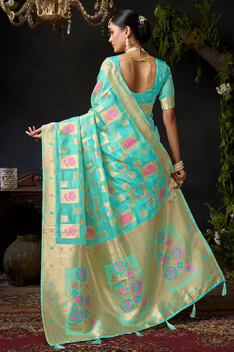 Sky blue organza khadi saree with elegant jhallar festive wear saree