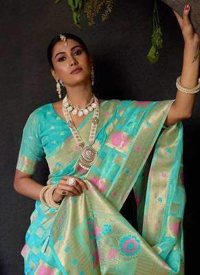 Sky blue organza khadi saree with elegant jhallar festive wear saree 5
