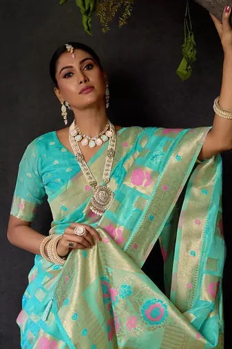 Sky blue organza khadi saree with elegant jhallar festive wear saree