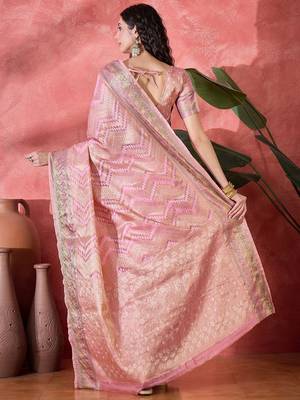 Pink ethnic motifs woven design zari detail saree with unstitched blouse 4