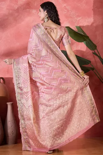 Pink ethnic motifs woven design zari detail saree with unstitched blouse