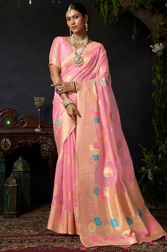 Baby pink organza khadi saree with elegant jhallar festive wear saree