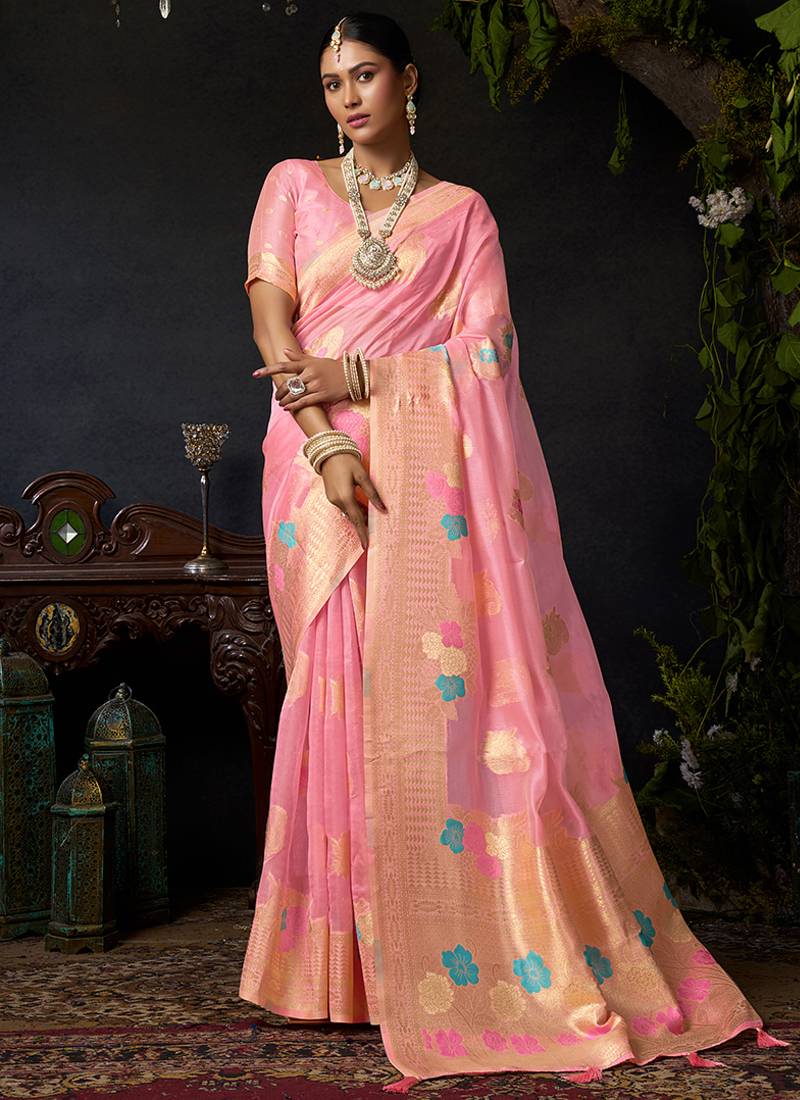 Baby pink organza khadi saree with elegant jhallar festive wear saree