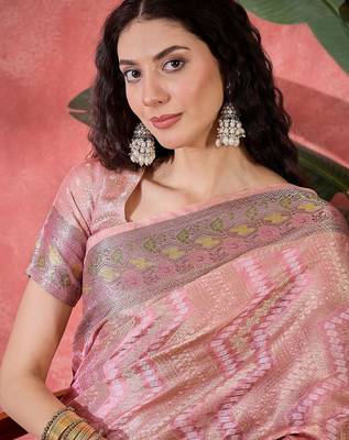 Pink ethnic motifs woven design zari detail saree with unstitched blouse 5