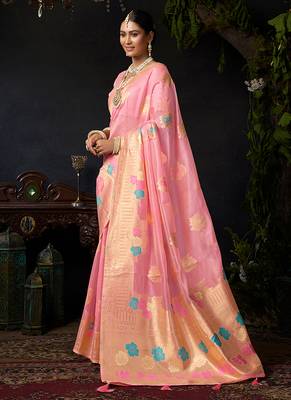 Baby pink organza khadi saree with elegant jhallar festive wear saree 2
