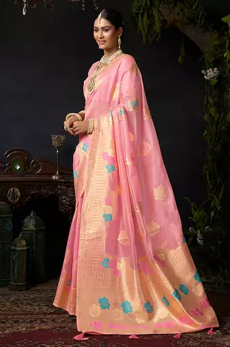 Baby pink organza khadi saree with elegant jhallar festive wear saree