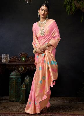 Baby pink organza khadi saree with elegant jhallar festive wear saree 3