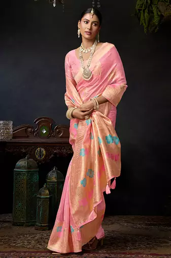 Baby pink organza khadi saree with elegant jhallar festive wear saree