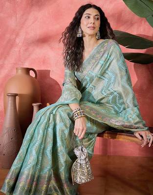 Blue ethnic motifs woven design zari saree 1