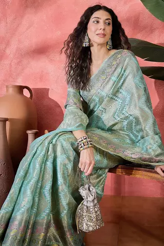 Blue ethnic motifs woven design zari saree
