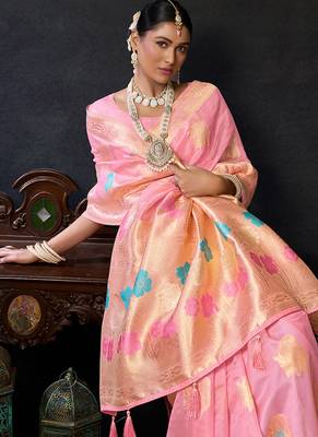Baby pink organza khadi saree with elegant jhallar festive wear saree 4