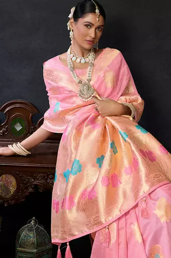 Baby pink organza khadi saree with elegant jhallar festive wear saree