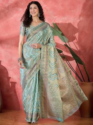 Blue ethnic motifs woven design zari saree 2