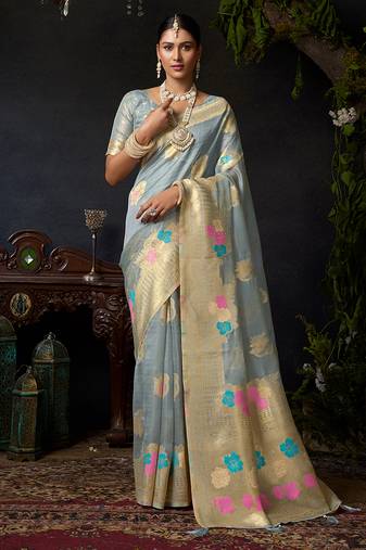 Gray organza khadi saree with elegant jhallar festive wear saree