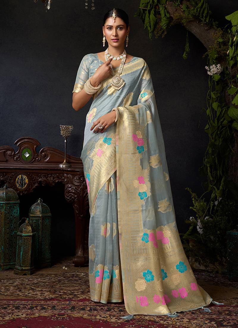Gray organza khadi saree with elegant jhallar festive wear saree