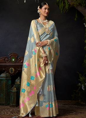 Gray organza khadi saree with elegant jhallar festive wear saree 2