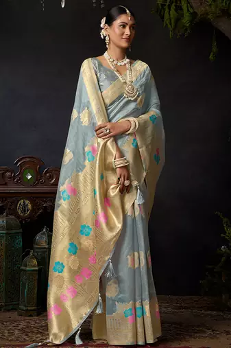 Gray organza khadi saree with elegant jhallar festive wear saree