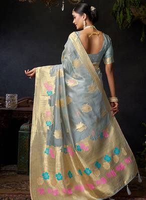 Gray organza khadi saree with elegant jhallar festive wear saree 3