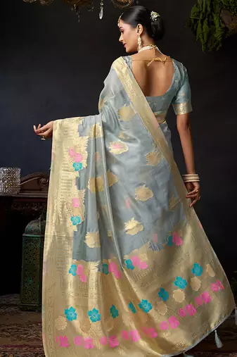 Gray organza khadi saree with elegant jhallar festive wear saree