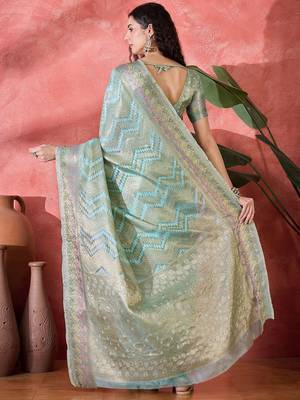 Blue ethnic motifs woven design zari saree 4
