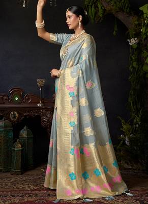 Gray organza khadi saree with elegant jhallar festive wear saree 4