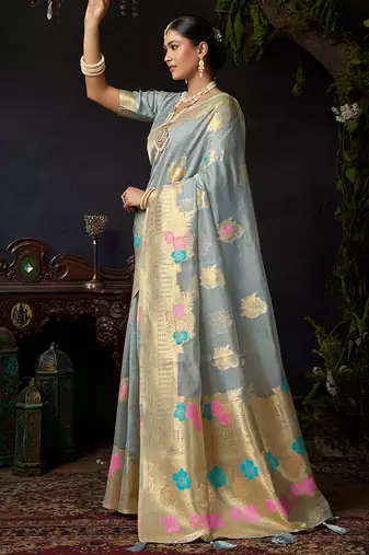 Gray organza khadi saree with elegant jhallar festive wear saree
