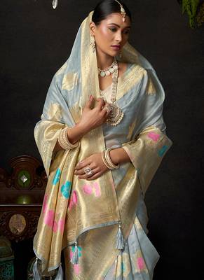 Gray organza khadi saree with elegant jhallar festive wear saree 5