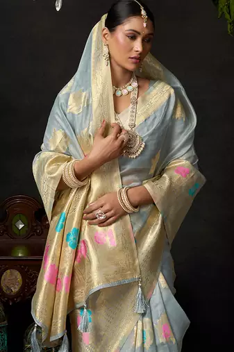 Gray organza khadi saree with elegant jhallar festive wear saree