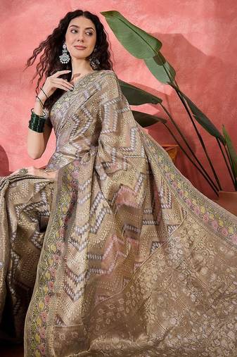 Grey geometric print  woven design zari border saree with unstitched blouse