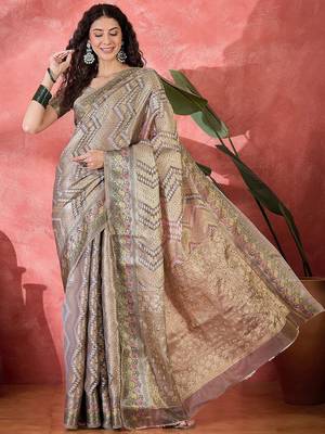 Grey geometric print  woven design zari border saree with unstitched blouse 2