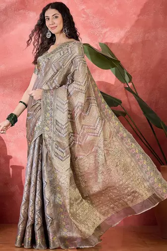 Grey geometric print  woven design zari border saree with unstitched blouse