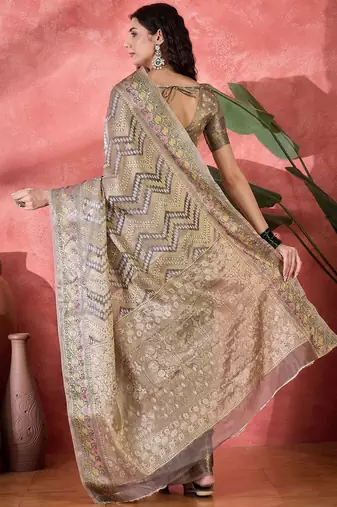 Grey geometric print  woven design zari border saree with unstitched blouse