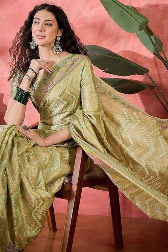 Green ethnic motifs woven design zari detail saree with unstitched blouse