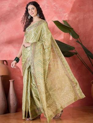 Green ethnic motifs woven design zari detail saree with unstitched blouse 2
