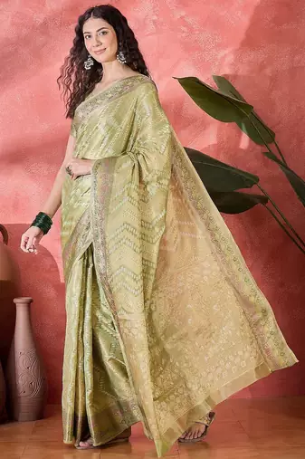 Green ethnic motifs woven design zari detail saree with unstitched blouse